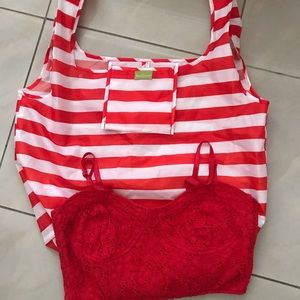 Decree Red Lace Bralett with Bee Green Tote